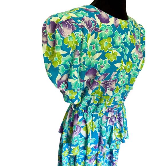 Vintage 80’s Diversity Blue Purple Floral Puff Sleeve Peplum Skirt Set Med Large - Picture 5 of 9